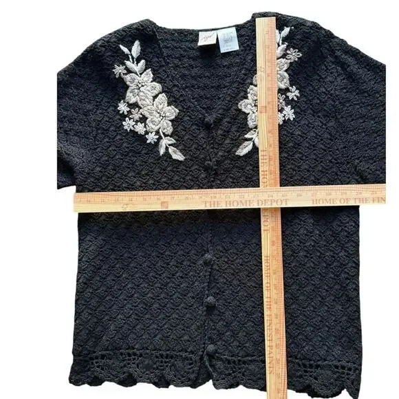 Vintage AGW Division of Graff Black Open Knit Cardigan XL Floral Embroidered - Picture 4 of 11